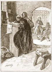 Skryptorium klasztoru, ilustracja z „Kościoła anglikańskiego: historia dla ludu” autorstwa H.D.M. Spence-Jones, wyd. ok. 1910 (zdjęcie w sepii)